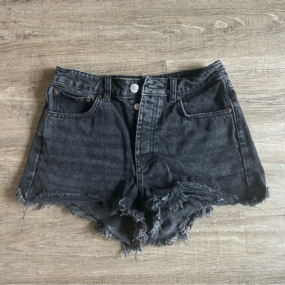 Zara Black Distressed High-Rise Denim Shorts black high waisted jean shorts